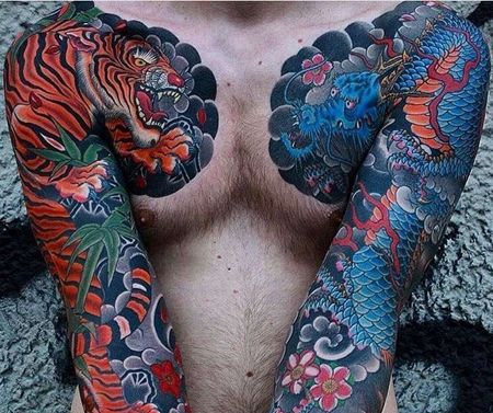日式胳膊龙老虎纹身图案