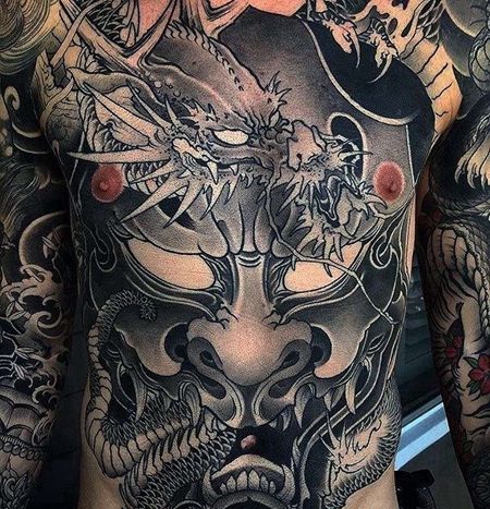 新传统前胸腹部龙般若纹身图案