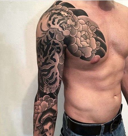 日式胳膊老虎艺伎纹身图案