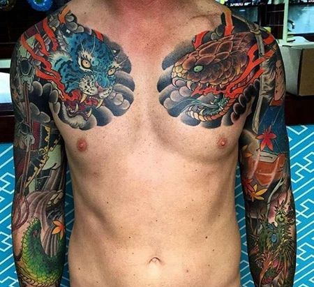 日式胳膊前胸胳膊龙老虎纹身图案