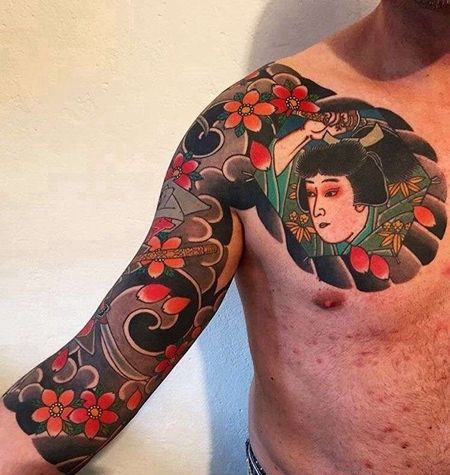 日式大臂前胸武士纹身图案