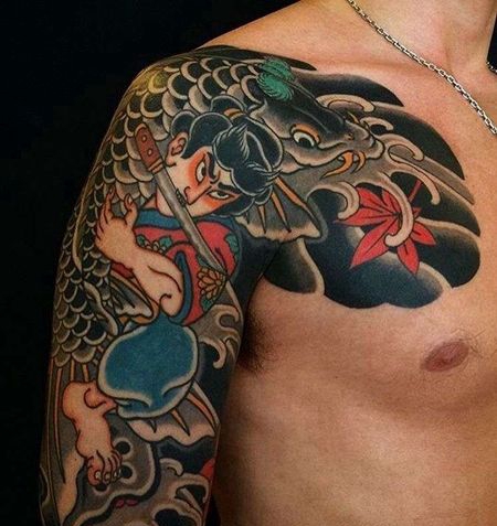 日式大臂武士鲤鱼纹身图案