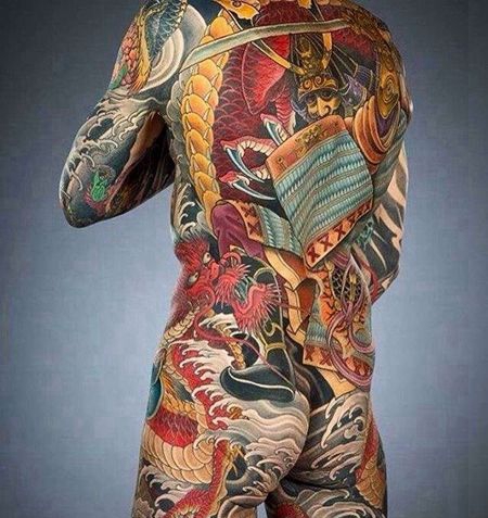 日式后背龙鬼武士纹身图案