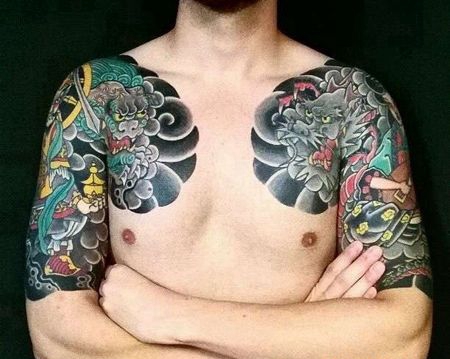 日式胳膊唐狮龙纹身图案