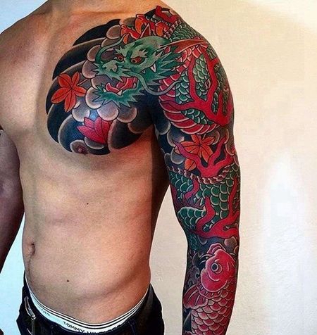 日式胳膊鲤鱼龙纹身图案