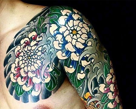 日式大臂前胸菊花纹身图案