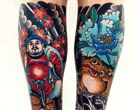 日式小腿财神青蛙纹身图案