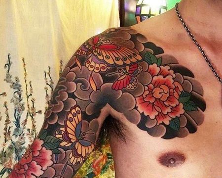 日式大臂前胸牡丹蝴蝶纹身图案