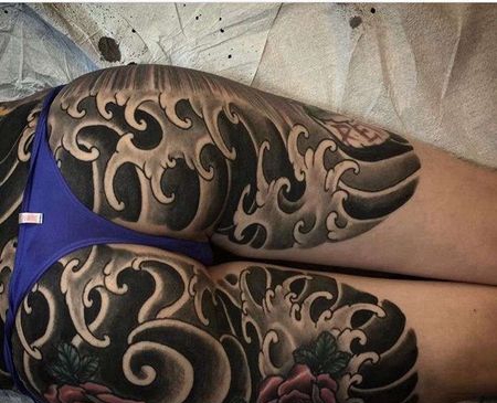 日式大腿海浪纹身图案