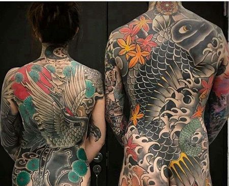 新传统后背鹤鲤鱼纹身图案