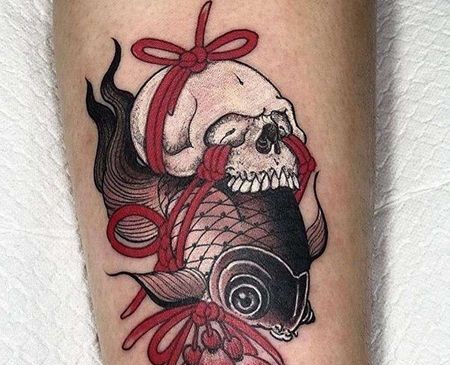 新传统小腿鲤鱼骷髅纹身图案