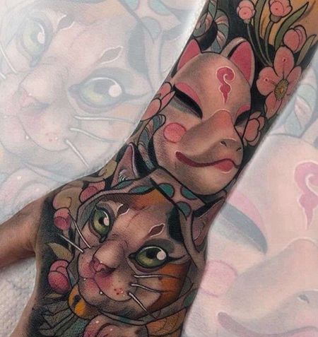 新传统手背猫纹身图案