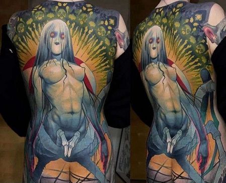 新传统后背蜘蛛女纹身图案