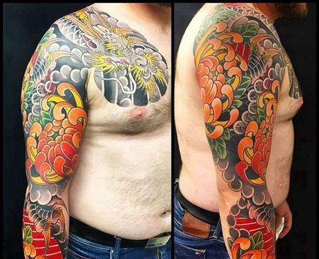 新传统大臂龙菊花纹身图案