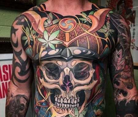 新传统前胸腹部骷髅纹身图案