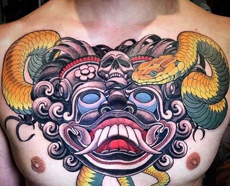 新传统前胸鬼武士蛇纹身图案