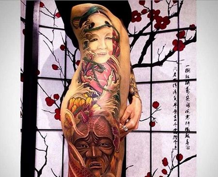 新传统大腿侧腰面具纹身图案