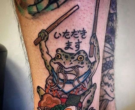 新传统小腿青蛙拉面纹身图案