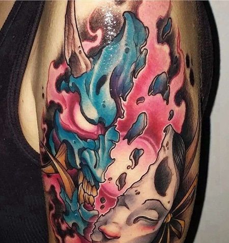 新传统大臂般若面具纹身图案