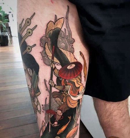 新传统大腿武士鲶鱼纹身图案