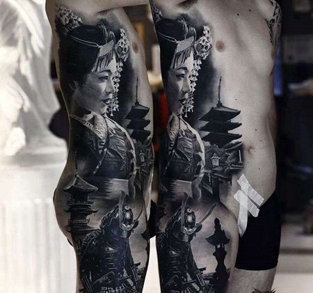写实侧腰艺伎鬼武士纹身图案