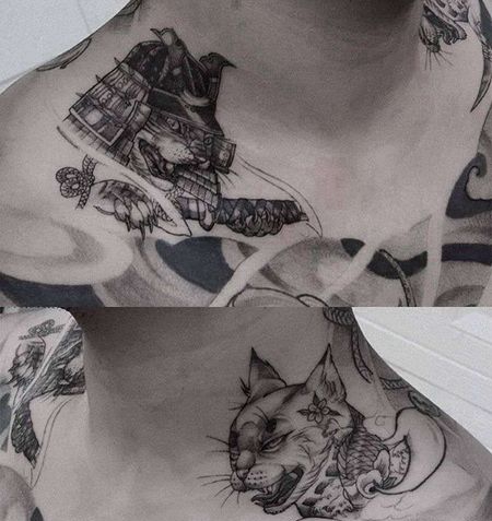 新传统脖子猫纹身图案