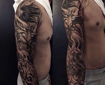 新传统胳膊般若唐狮纹身图案