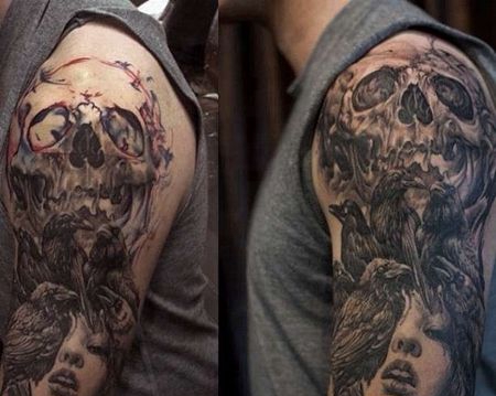 新传统大臂骷髅乌鸦女人纹身图案