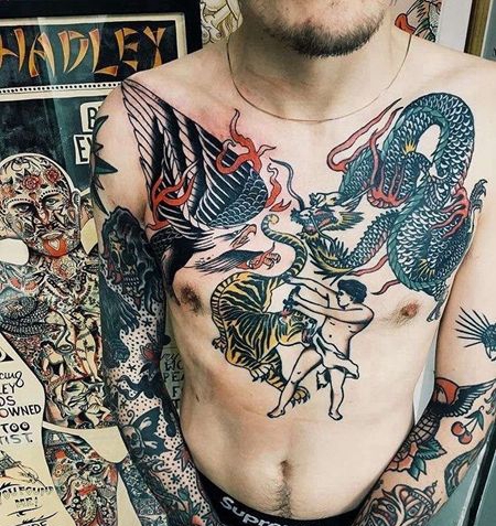 Old School前胸老虎老鹰龙纹身图案