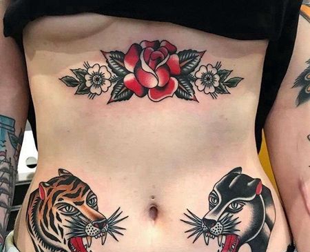 Old School腹部黑豹老虎纹身图案