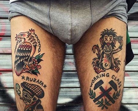 Old School大腿老鹰猴子骷髅纹身图案