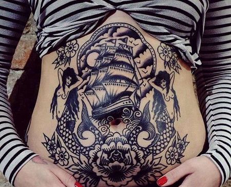 Old School腹部帆船美人鱼纹身图案