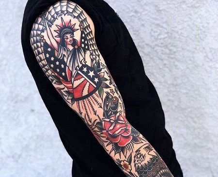 Old School胳膊自由女神玫瑰黑豹老鹰纹身图案