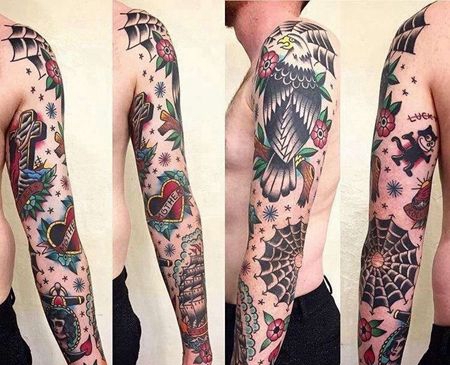 Old School胳膊老鹰帆船心船锚墓碑纹身图案