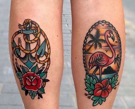 Old School小腿火烈鸟船锚纹身图案