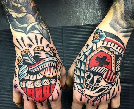 Old School手背骷髅心脏纹身图案