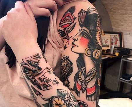 Old School胳膊女人青蛙纹身图案