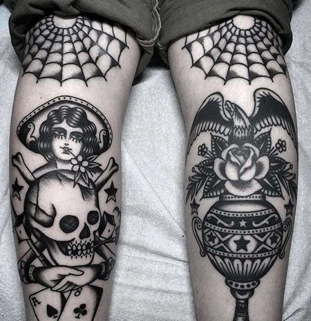 Old School小腿女人骷髅老鹰纹身图案