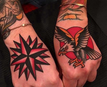 Old School手背星星老鹰纹身图案