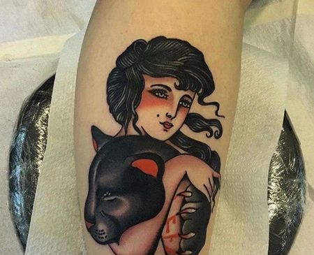 Old School小腿豹子女人纹身图案