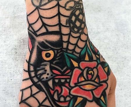 Old School手背豹子蜘蛛网玫瑰纹身图案