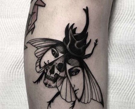 Old School小腿骷髅女人昆虫纹身图案
