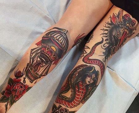 Old School小腿蛇热气球女人纹身图案