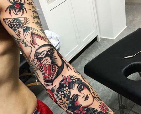 Old School胳膊女人豹子纹身图案