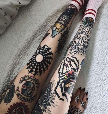 Old School膝盖蜘蛛网蜘蛛纹身图案