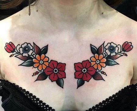 Old School锁骨花纹身图案