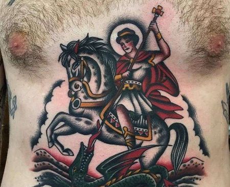 Old School腹部战士龙纹身图案