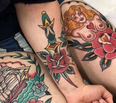 Old School腿玫瑰匕首女人帆船纹身图案