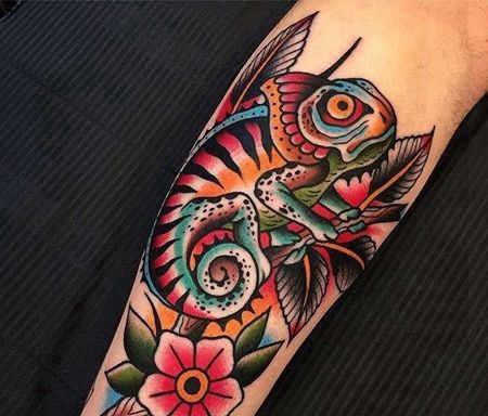 Old School小腿变色龙纹身图案