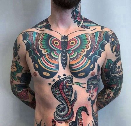 Old School前胸腹部蝴蝶蛇鳄鱼纹身图案